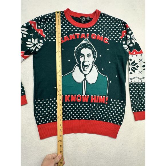 Ugly Christmas Sweater Mens Size Large Elf Movie Santa OMG I Know Him Green - Picture 3 of 6